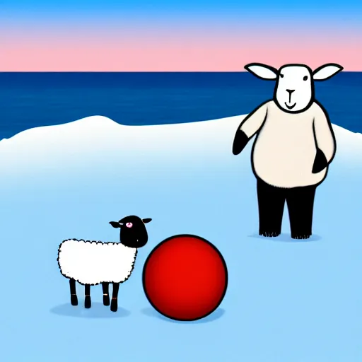 Image similar to cartoon drawing of a seal tossing a red ball with a sheep in antarctica. the seal's head is sticking out above the water and the sheep is standing near the edge of ice