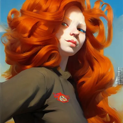 Prompt: greg manchess portrait painting of ginger girl!!! long curly hair!! evil, sad! with a ginger cat as overwatch character, medium shot, asymmetrical, profile picture, organic painting, sunny day, matte painting, bold shapes, hard edges, street art, trending on artstation, by huang guangjian and gil elvgren and sachin teng