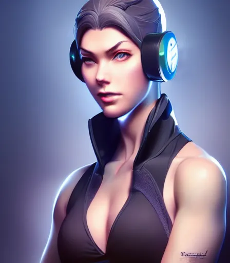 Image similar to beautiful portrait of a gorgeous personal trainer who looks like Widowmaker , character design by charlie bowater, ross tran, artgerm, and makoto shinkai, detailed, soft lighting, rendered in octane