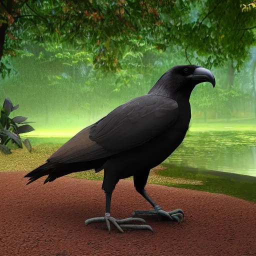 Image similar to a big friendly jungle crow in a park in a rainy day, digital painting, ultra detailed, unreal engine 5
