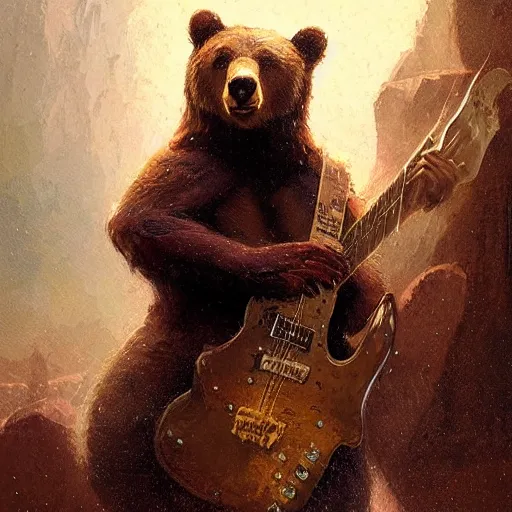 Image similar to realistic bear playing futuristic minimalistic primitive forms guitar, fantasy character portrait by Greg Rutkowski, Craig Mullins, Gaston Bussiere