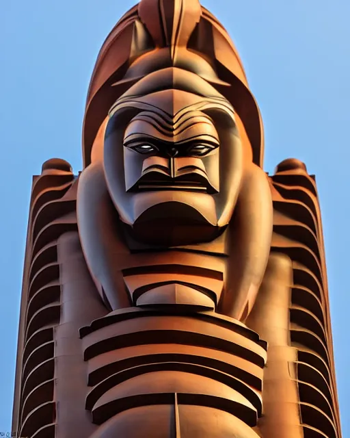 Image similar to high quality 3 d art deco biomorphic hanuman! head building in mumbai!! centre, highly detailed, cinematic smooth, berenice abbott & john j. park, dramatic warm morning light, wide shot, high angle, uhd 8 k, sharp focus