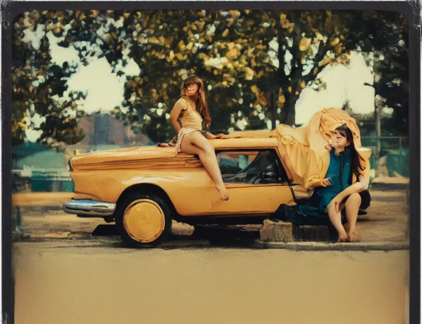 Prompt: girl sitting on a bumper of a car in the early morning, long distance photo, golden hour, bleach bypass, warm tones, beige colors, sunlight, digital 2 d, polaroid, high - key lighting, by lisa yuskavage, by serov valentin, by krenz cushart