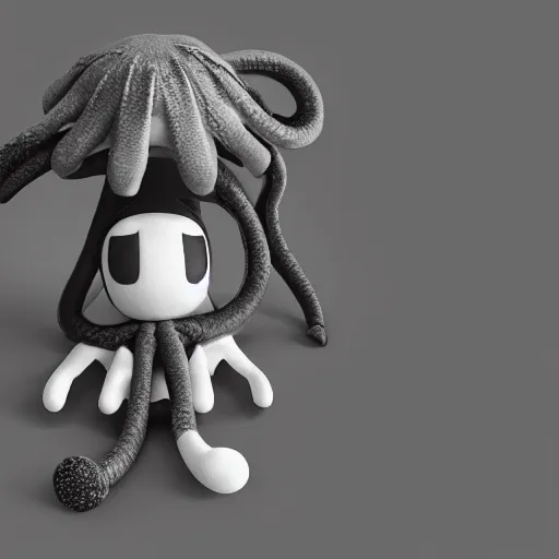 Prompt: cute fumo plush of a boy with a tentacle monster in his backpack sticking out its head, black and white, vray