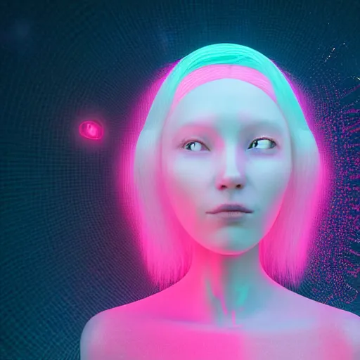 Image similar to a woman with pink hair and a mirror as her face, a hologram by mike winkelmann, cgsociety, neo - dada, futuristic, glitch art, 8 k 3 d