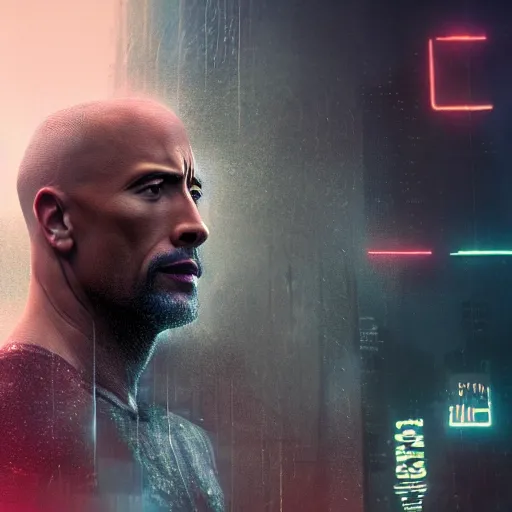 Prompt: epic cinematic film still of dwayne johnson in blade runner 2 0 4 9, intricate artwork by tooth wu and wlop and beeple, octane render, hyper realism, 8 k