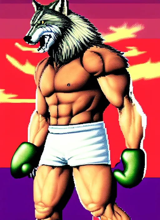 Prompt: extreme long shot. 8 bit nes graphics. antropomorphic muscular masculine wolf. kickboxer fighter, in shorts. wolf head. furr on body.