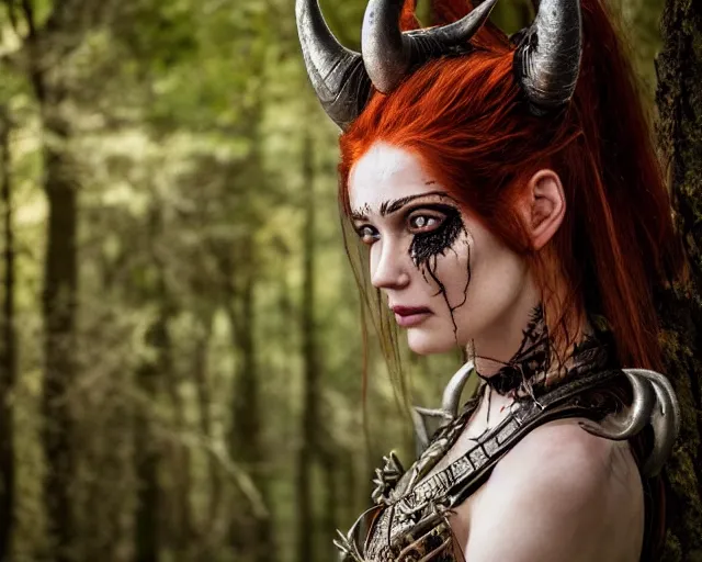 Prompt: 5 5 mm portrait photo of an armored gorgeous anesthetic redhead woman warrior with a face tattoo and horns growing from her head, in a magical forest. by luis royo. highly detailed 8 k. intricate. lifelike. soft light. nikon d 8 5 0. cinematic post - processing