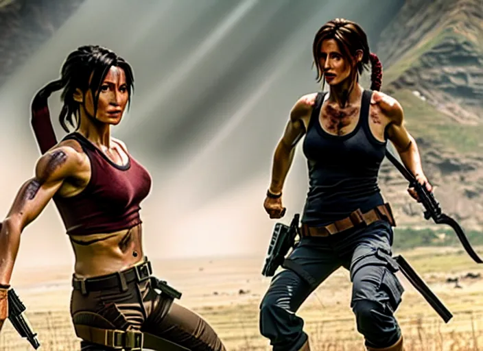 Image similar to film still of jackie chan as lara croft in new tomb raider movie, 8 k