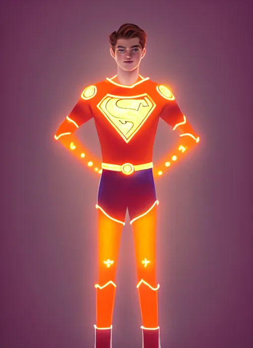 Prompt: kind teenage archie andrews wearing an orange superhero costume, superhero costume with heart emblem, cape, intricate, elegant, glowing lights, highly detailed, digital painting, artstation, sharp focus, illustration, art by wlop, mars ravelo and greg rutkowski