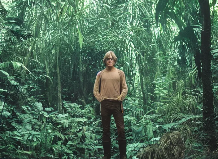 Prompt: screenshot portrait of luke skywalker at the reopening of the new jedi temple school deep within jungle. serene portrait of Mark Hammill, meditating, Photographed with Leica Summilux-M 24 mm lens, ISO 100, f/8, Kodak, Portra 400, 1988