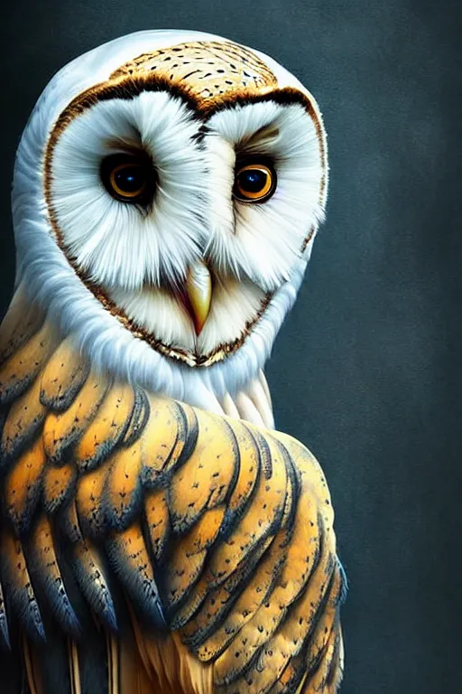 Image similar to epic professional digital art of female human - barn owl hybrid animal wearing air force jumpsuit, feathered head, owl beak, painting, by lisa roet, reyna rochin, iris van herpen, leesha hannigan, artstation, cgsocietywlop, epic, much wow, much detail, gorgeous, detailed, cinematic, masterpiece