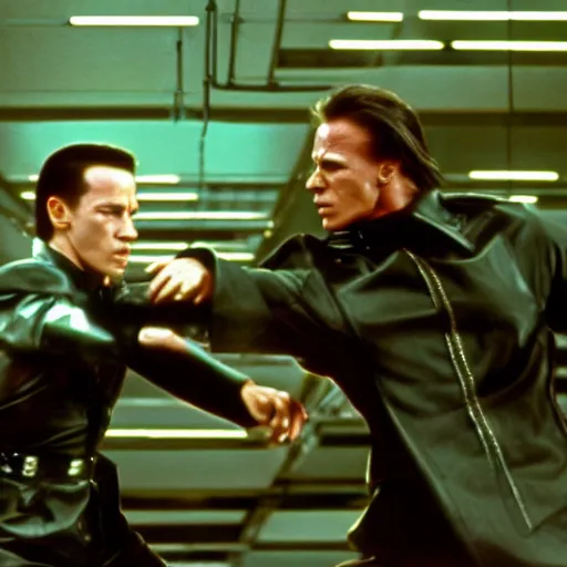 Prompt: Film still of Arnold Schwarzenegger fighting an agent, The Matrix, 4k