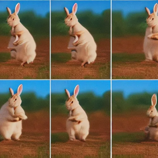 Image similar to a rabbit jumping up over a fence, shown as a film strip showing sequential stills starting from time 0 : 0 0 from the video clip in a grid