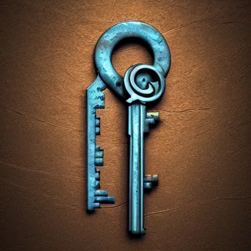 Image similar to a highly detailed key for the doors item, key is on the center of image, key has metal and wooden elements, point and click game inventory item, very detailed, dynamic lights, on the solid color background, high poly vray render, stylised textures, trending on artstation