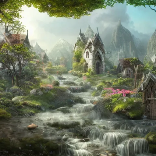 Prompt: A small elven village with elegant architecture at the base of a shallow valley, a winding white pathwalk and a small brook running through, clear blue skies in the background, octane rendering, oil painting, mind-blowing detail, photoreaistic, trending on artstation, trending on deviant art, intricate, elegant, digital painting, saturated colors, smooth, sharp focus, art by artgerm and Todd Shorr