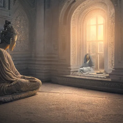 Image similar to full body pose, hyperrealistic photograph of inner peace, dim volumetric lighting, 8 k, octane beautifully detailed render, extremely hyper detailed, intricate, epic composition, cinematic lighting, masterpiece, trending on artstation, very very detailed, stunning, hdr, smooth, sharp focus, high resolution, award, winning photo, dslr, 5 0 mm