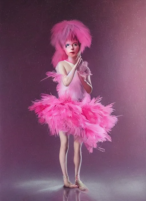 Image similar to beautiful little girl with an pink eccentric haircut wearing an dress made of feathers dancing on stage, artwork made by ilya kuvshinov, inspired in donato giancola, hd, ultra realistic, reflection, stage