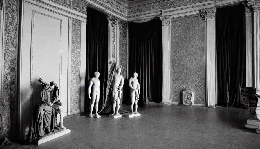 Prompt: movie still by of emperor caligula assassination by senators blood in a neoclassical room, cinestill 8 0 0 t 3 5 mm b & w, high quality, heavy grain, high detail, dramatic light, ultra wide lens, anamorphic