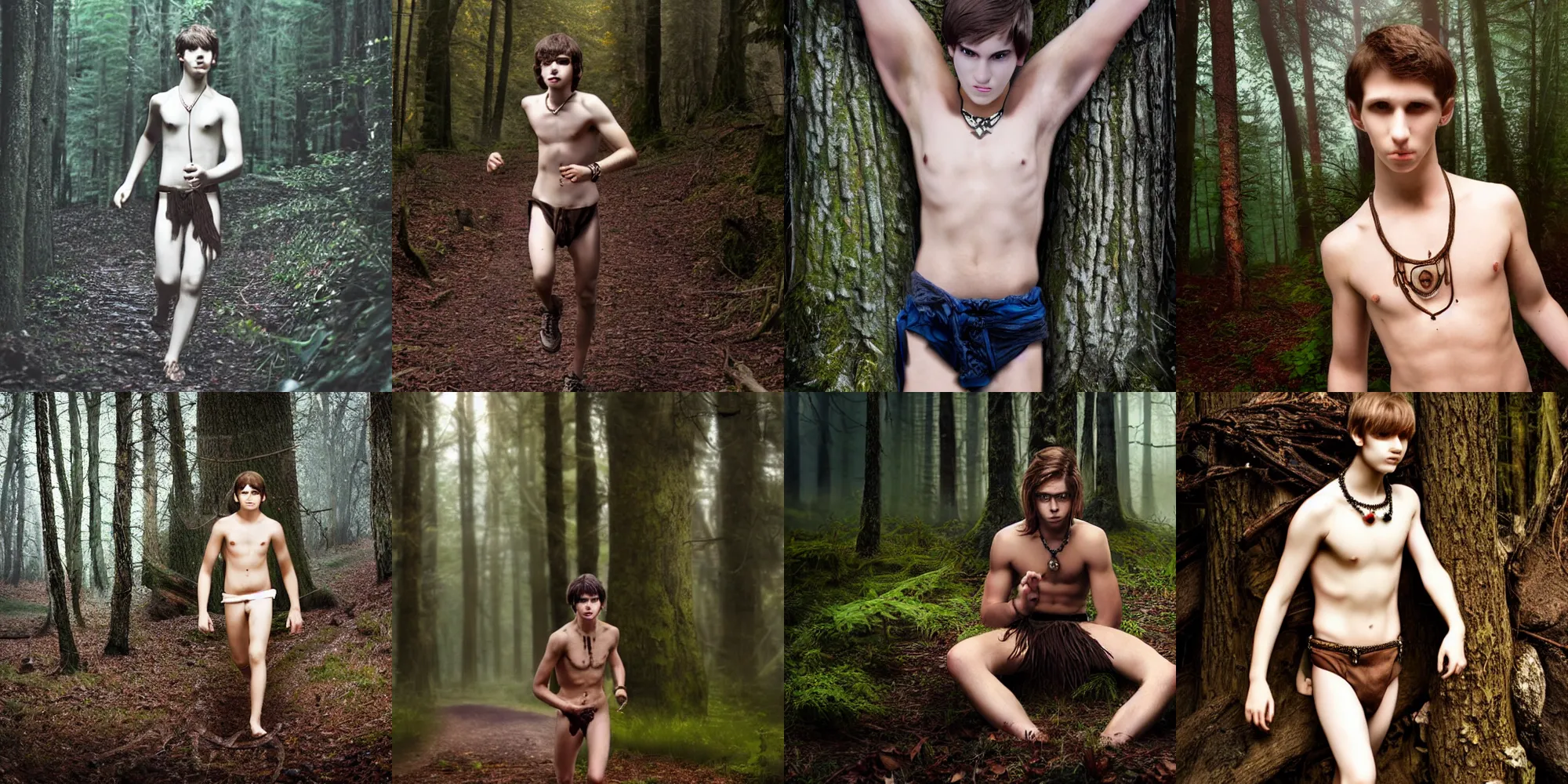 Prompt: around 1 9 years old with necklace, natural brown hair, a teenage boy, loincloth, detailed face. running in ominous and eerie looking forest. natural color. realistic photo., pale skin