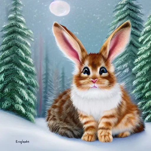 Prompt: hybrid animal mix between cute fluffy tan lop eared bunny rabbit and fluffy grey striped tabby kitten in winter forest landscape detailed painting 4k