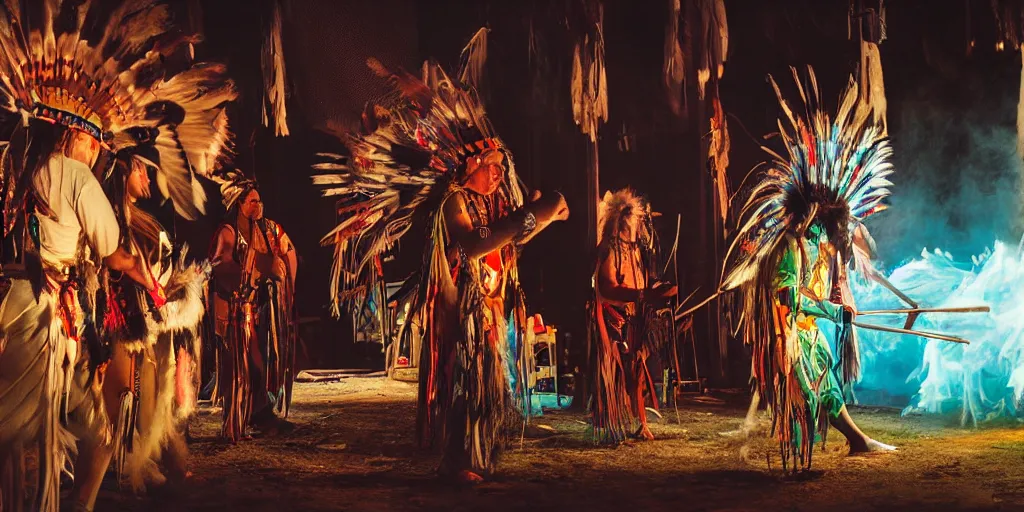 Prompt: of Native American shaman drumming by Liam Wong and Boris Vallejo