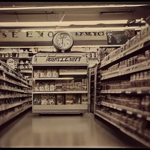 Image similar to vintage photograph of a futuristic time quetzalcoatl inside a grocery store, shallow depth of field, awkward, out of place, polaroid 6 0 0 color