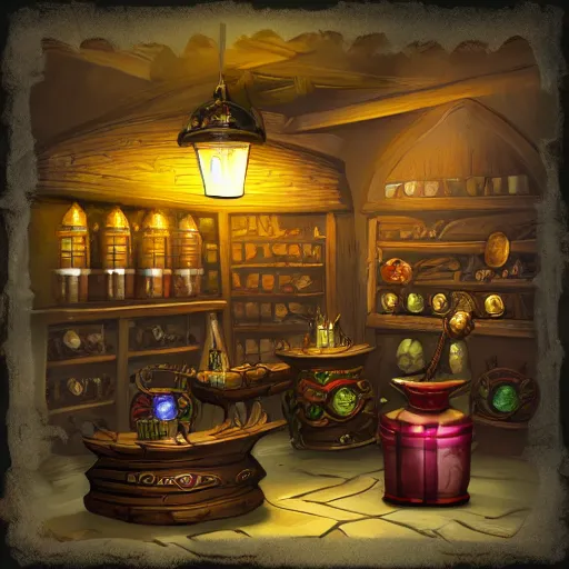 Prompt: fantasy realm potion shop, prop design , cinematic lighting ,dragon design language, complimentary color scheme, realistic, w-1024 , - n 4