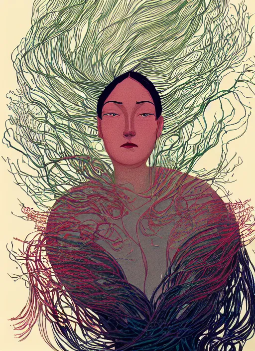 Prompt: beautiful illustration of a face made of ribbons of seaweed, in the style victo ngai and sam guay and abigail larson and moebius, dramatic lighting, vibrant moody colors, trending on artstation