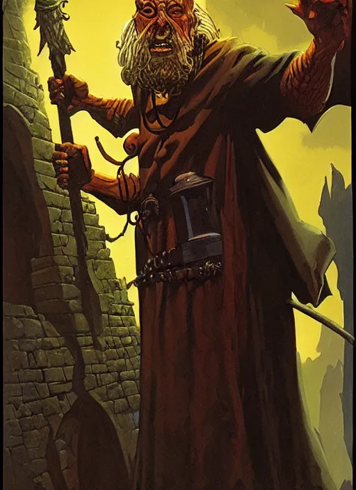 Image similar to highly detailed, hyper realistic wizard with a dungeon background by mike mignola frank frazzeta james gurney