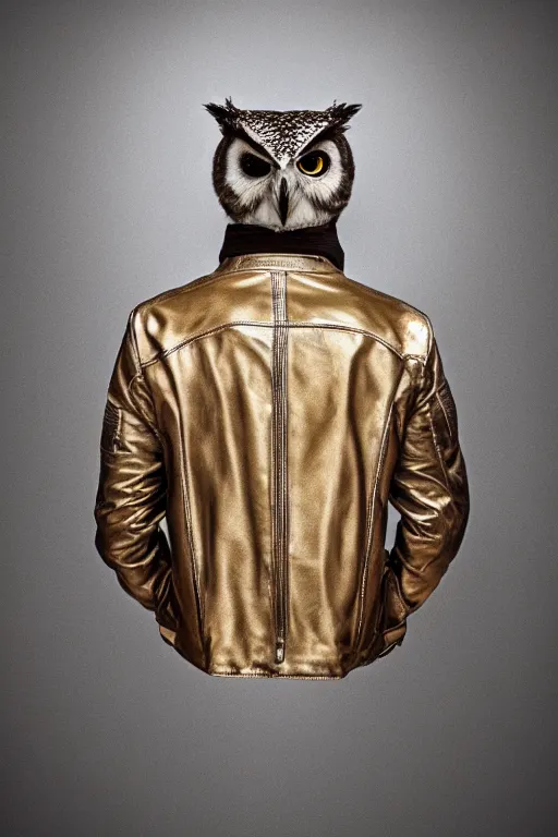 Image similar to front of owl wearing biker jacket, portrait photo, full body, backlit, studio photo, golden ratio