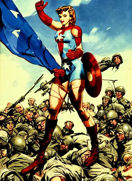Prompt: beautiful female captain america standing on a pile of defeated german soldiers. feminist captain america wins wwii. american wwii propaganda poster by james gurney overwatch. anime.