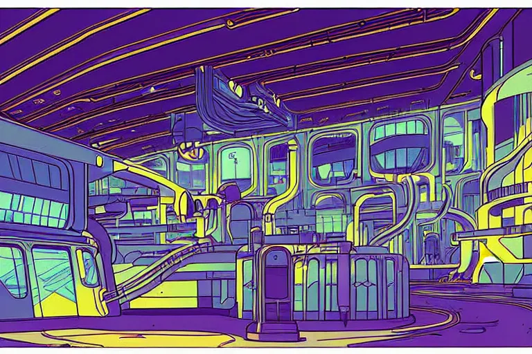 Image similar to a scifi illustration, factory interior. parallax birds eye view. fisheye. vats of fluid. flat colors, limited palette in FANTASTIC PLANET La planète sauvage animation by René Laloux