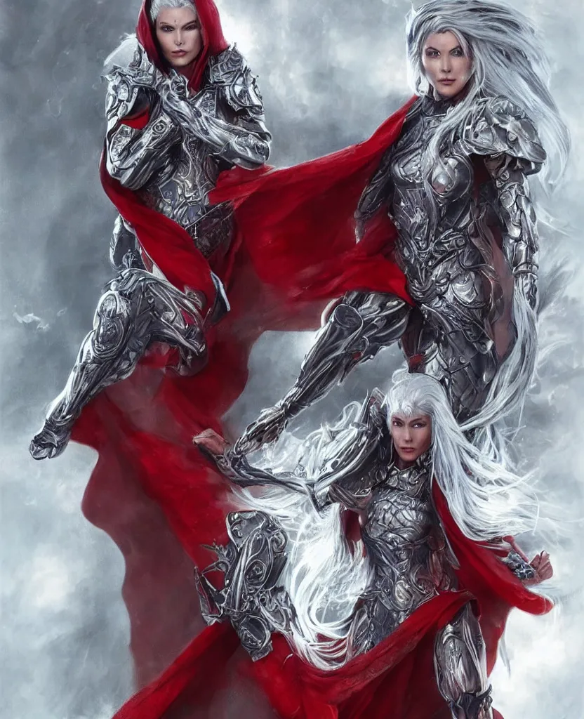 Image similar to a woman with silver hair, mystical symbols tattooed on her face, dressed in a flowing red cape and a futuristic armour, character design, highly detailed, by gabriele dell'otto and greg rutkowski