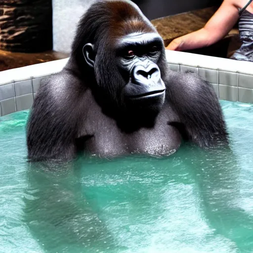 Image similar to joe rogan as a gorilla sitting in a hot tub