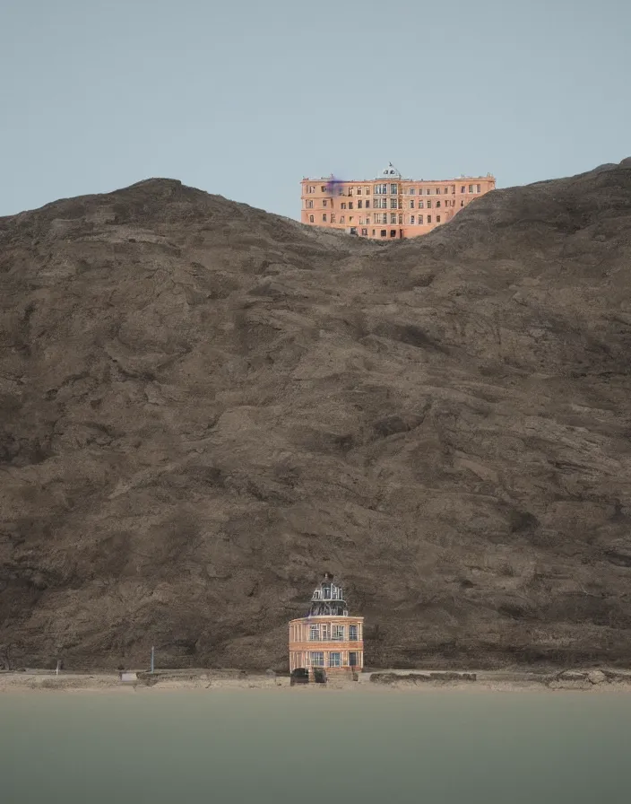 Image similar to a building in a stunning landscape by Wes Anderson