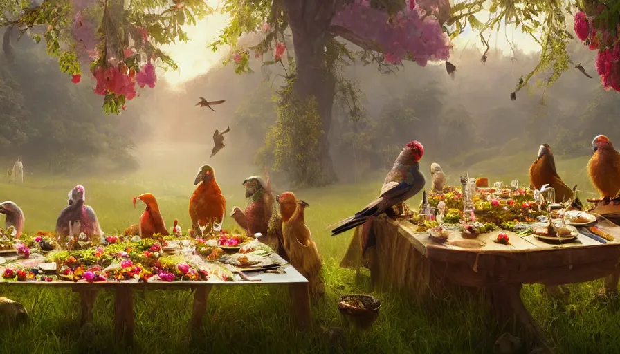 Image similar to a table dinner of exotic birds where birds are dressed like the characters from the midsommar movie wearing flowers, realistic detailed digital art by maxwell boas jessica rossier christian dimitrov anton fadeev trending on artstation cgsociety rendered in unreal engine 4 k hq