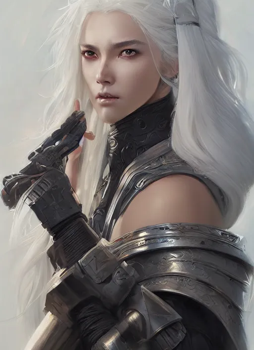 Image similar to girl with shoulder length white hair, steel samurai armor, beautiful highly detailed face, beautiful painting by artgerm and greg rutkowski and raymond swanland