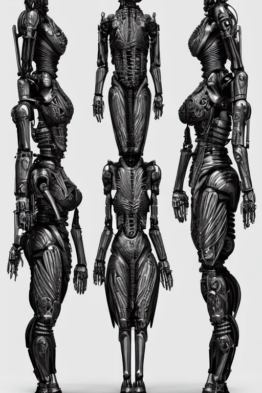 Image similar to andriod hindu goddess with gunmetal grey skin, medical anatomy, very symmetrical face, highly detailed, japanese mecha, three - perspective / three - view reference sheet ( front / back / side ), in the style of dan ouellette, dren from splice, hr giger, sil from species, artstation, unreal engine