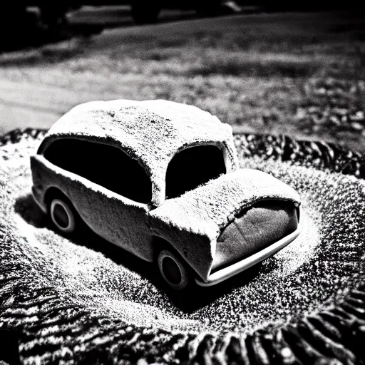 Image similar to car in bread, photograph, 4 k black and white photograph