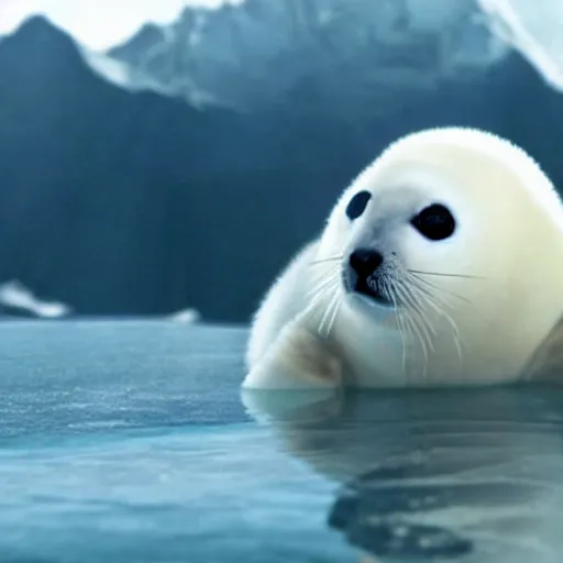 Prompt: a film still of a baby harp seal as James Bond in Skyfall