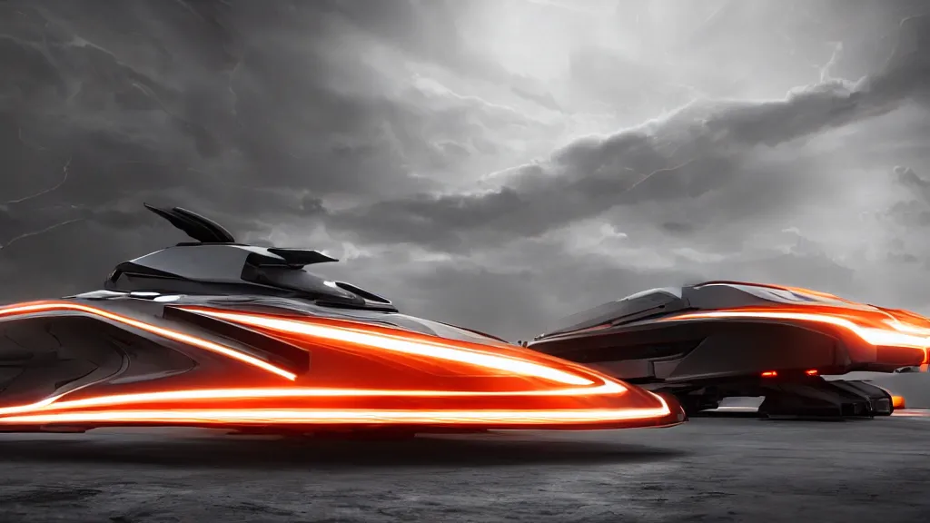 Image similar to a photorealistic dramatic hyperrealistic full frame render of a sleek futuristic interstellar spacecraft, ultra realistic details, glossy white metal, orange racing stripes by nicolas bouvier sparth, vitaly bulgarov, ben mauro, ilm, beautiful dramatic dark moody tones and lighting, cinematic atmosphere, studio lighting, shadows, dark background, octane render, 8 k