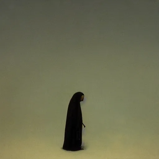 Image similar to a young black nun smoking and puffing lots of smoke, minimalistic background, by Beksinski