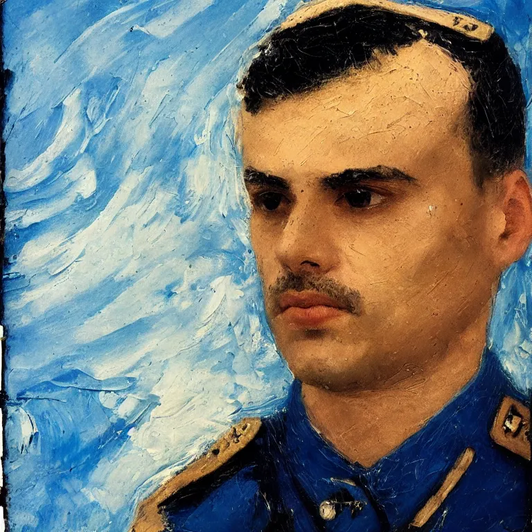 Prompt: Antique cyanotype of Beautiful warmly lit close up expressionistic studio portrait of very Handsome Persian Air Force Pilot in Uniform, impasto oil painting heavy brushstrokes by Cy Twombly and Anselm Kiefer , trending on artstation dramatic lighting abstract Expressionism