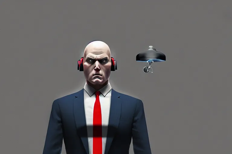 Prompt: an expressive portrait of agent 4 7 from hitman wearing headphones in front of a wall of vinyl records, dark background, blue rim light, digital art, artstation, art by giger stalenhag