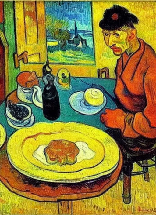 Image similar to good morning, artist painting on a canvas showing breakfast, painting by vincent van gogh, paul gauguin