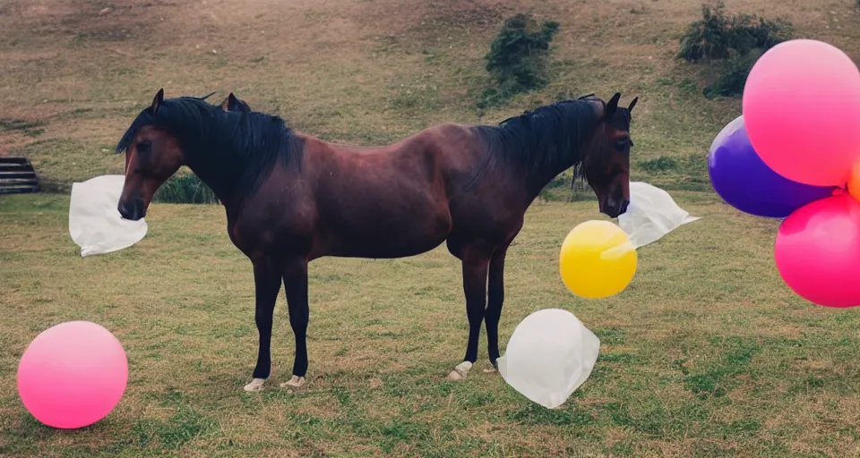 Prompt: horse surrounded by balloons