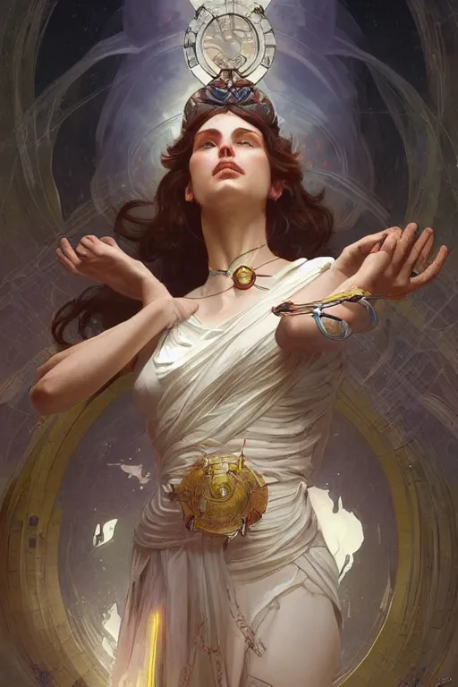 Image similar to goddess of science and engineering, only two hands, highly detailed, digital painting, artstation, concept art, smooth, sharp focus, illustration, unreal engine 5, 8 k, art by artgerm and greg rutkowski and edgar maxence and alphonse mucha