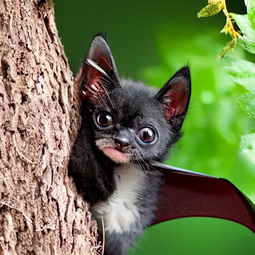 Prompt: a bat kitten, in a tree, 200m f8