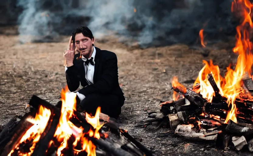 Image similar to a man wearing a tuxedo sitting in the middle of a bonfire